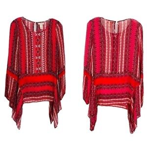 SUNDANCE | SIZE XS | SEMI SHEER EMBROIDERED TAPESTRY RED BLOUSE | BELL SLEEVES
